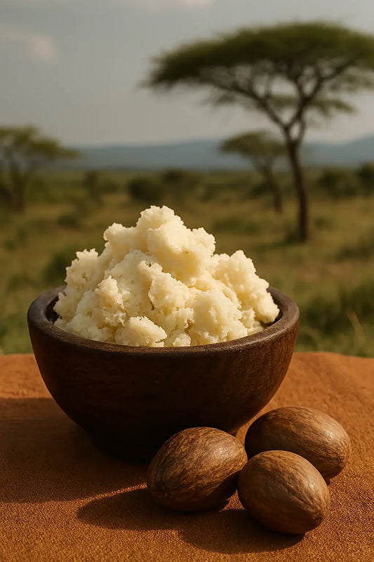 Whipped shea butter in wooden bowl with shea nuts in African savanna.