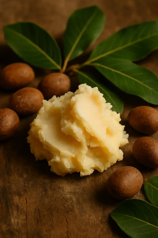 Raw shea butter with shea nuts and green leaves on rustic wood background