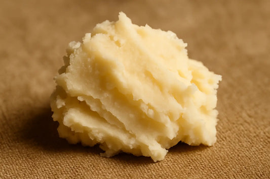 Raw shea butter promoting natural skin balance on brown fabric.