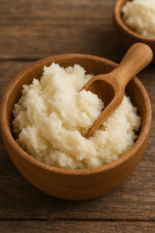 Creamy raw shea butter in a wooden bowl with scoop on rustic table.