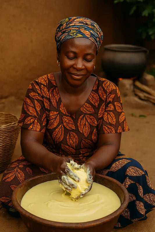 African woman handcrafting traditional shea butter in a village setting.