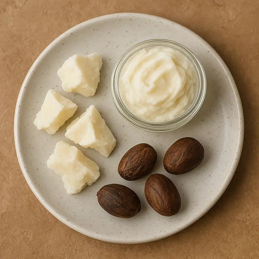 Raw and whipped shea butter with shea nuts on a ceramic plate