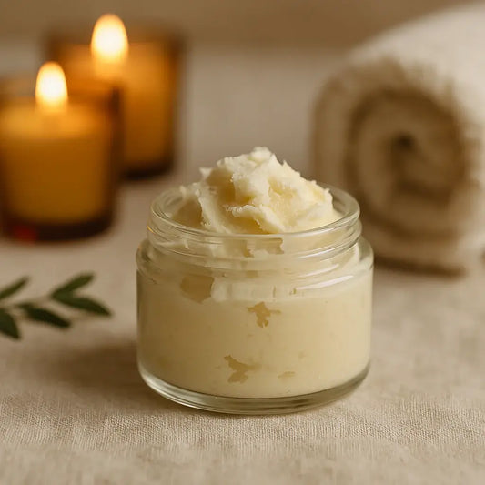 Luxurious shea butter in a glass jar enhances self-care rituals.
