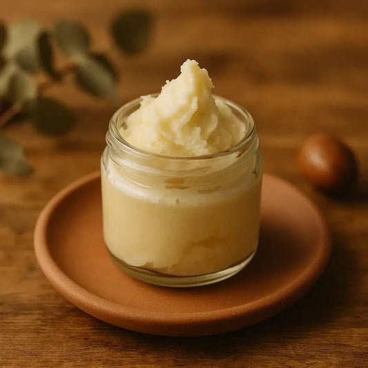 Whipped shea butter in glass jar on clay plate for skincare and mood boost