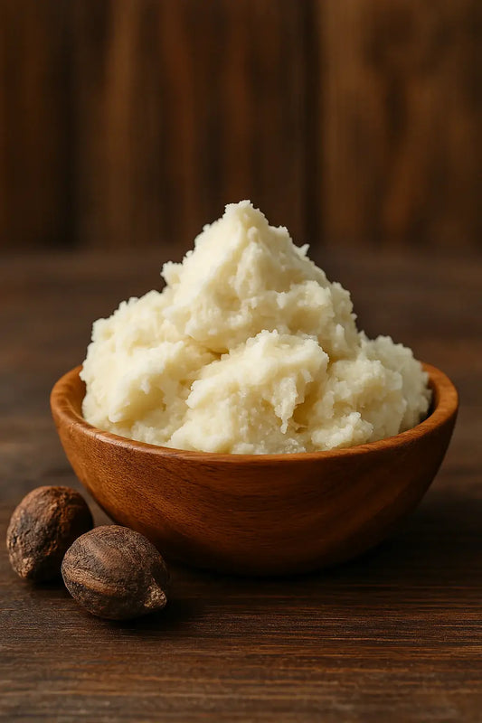 Raw shea butter in wooden bowl with shea nuts on rustic table