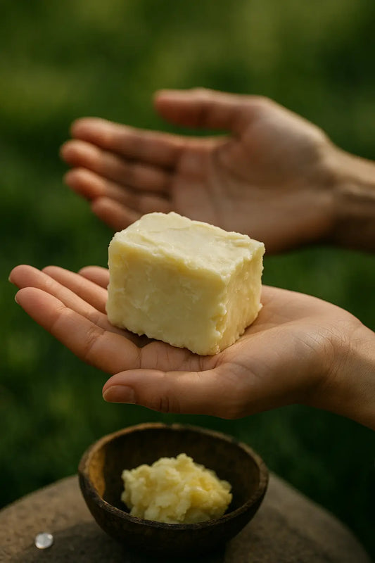 lose-up of creamy raw shea butter in a wooden bowl with scattered shea nuts on a rustic table, captured in natural light, symbolizing the patience, care, and long-term beauty benefits of slow skincare rituals.