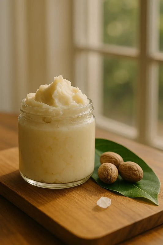 Whipped shea butter in a glass jar with a soft, airy texture, surrounded by natural ingredients on a rustic wooden surface, highlighting its creamy, luxurious appearance and deep skin-hydrating benefits.