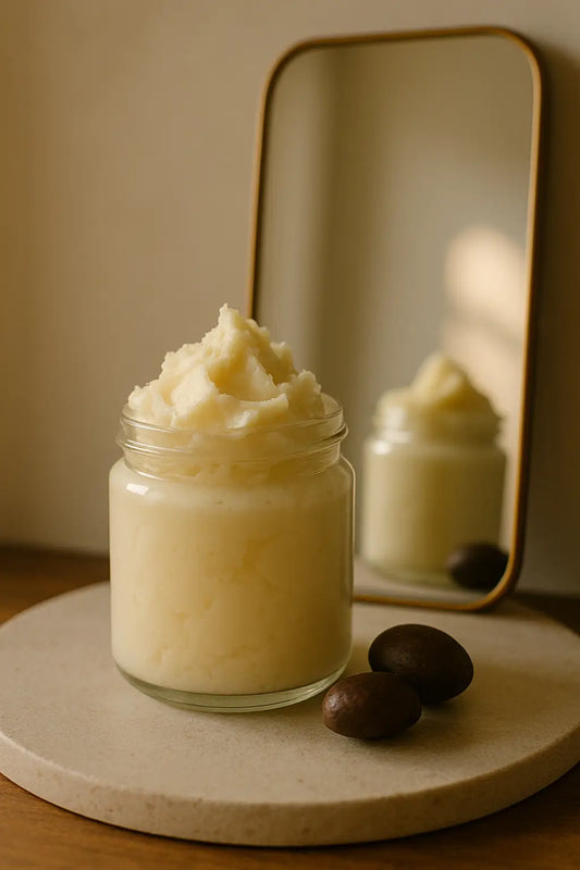 Close-up of raw, unrefined shea butter on a wooden surface, symbolizing its role in skin barrier repair and hydration.