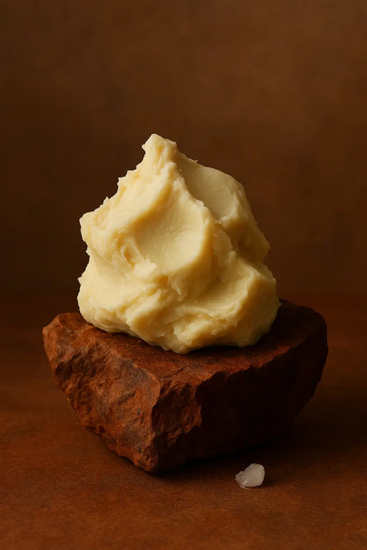 A glass jar filled with creamy unrefined shea butter placed on a wooden table with natural shea nuts beside it, symbolizing pure and organic skincare for beginners.