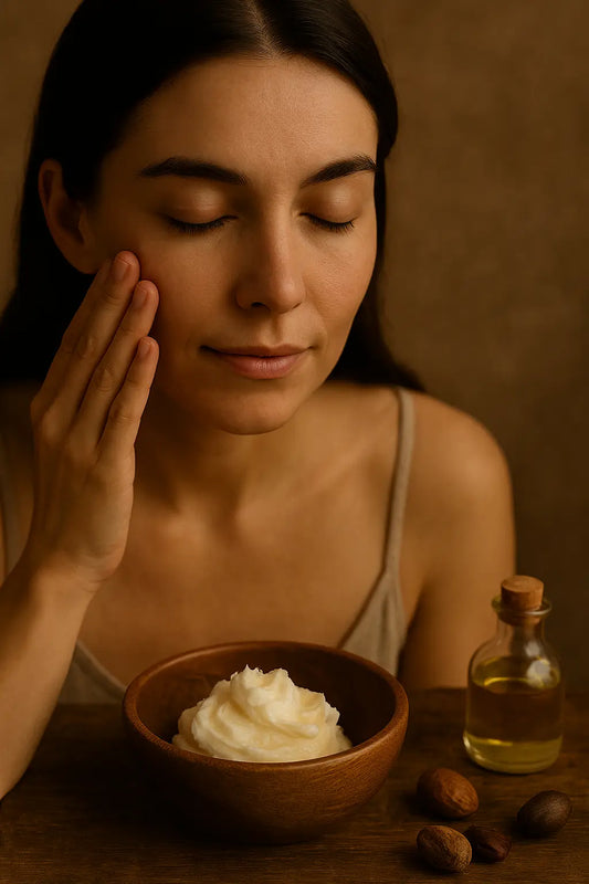 Calm woman with eyes closed gently touching her cheek, beside a wooden bowl of whipped shea butter, natural oil, and shea nuts, representing mindful DIY skincare and self-care rituals.