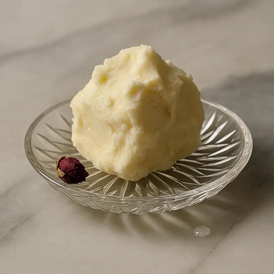 Whipped shea butter on glass dish with dried rose on marble surface