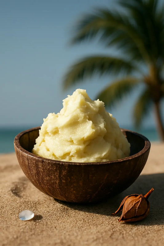 Glass jar of raw shea butter on a bedside table with soft lighting, symbolizing nighttime skincare, hydration, and overnight repair.