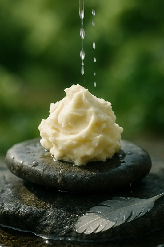 Glass jar of raw shea butter beside modern skincare products on a wooden table, symbolizing the contrast between natural and synthetic beauty solutions.