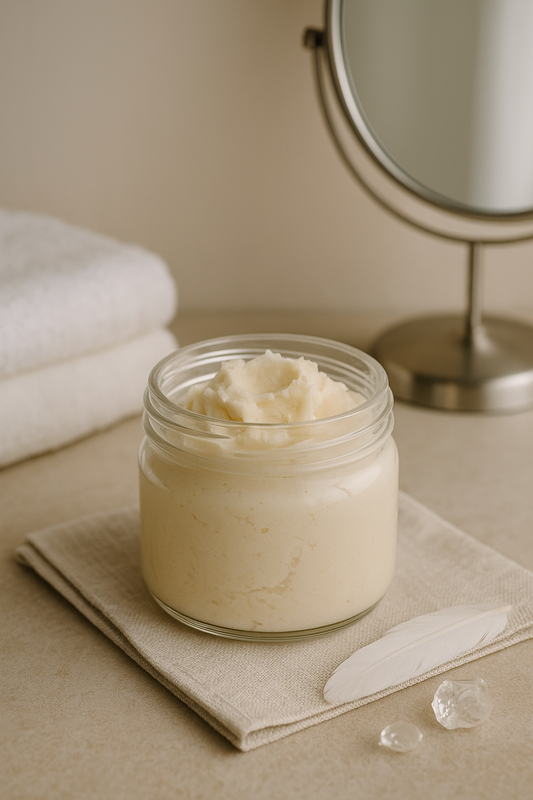 Healing shea butter cream in a glass jar for irritated skin relief