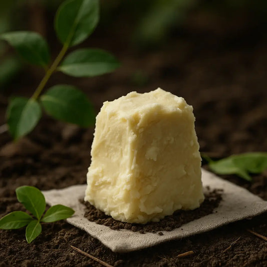 Jar of raw shea butter with natural shea nuts on a rustic wooden table, symbolizing its timeless use from ancient traditions to modern skincare.