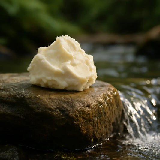 Glass jar of raw shea butter with shea nuts on a rustic surface, representing gentle natural care and hydration for sensitive skin.