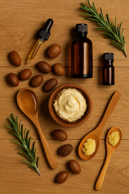 Wooden bowl of raw shea butter surrounded by shea nuts and natural oils, symbolizing its hidden benefits for skin, hair, and healing.