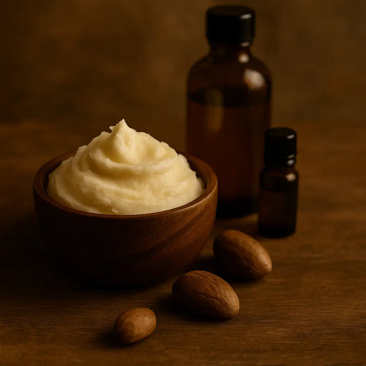 Wooden bowl with whipped shea butter and natural oils on a rustic surface, symbolizing mindful DIY skincare and the art of slowing down.