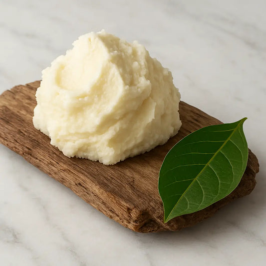 Wooden bowl of whipped shea butter with amber oil bottles and shea nuts on a rustic surface, symbolizing consistency and the memory of natural skincare.
