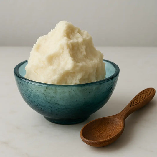 Raw high-quality shea butter chunks in a wooden bowl with shea nuts.