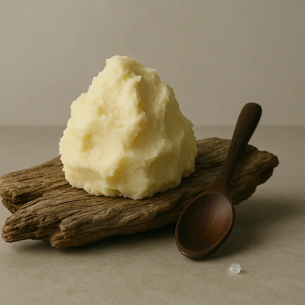 Shea butter in a wooden bowl with shea nuts on rustic wood background.