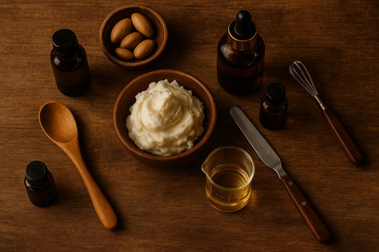 Overhead flat lay of whipped shea butter, oils, and mixing tools on a wooden surface, symbolizing calm rituals and the emotional strength behind DIY skincare.