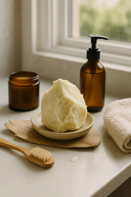 Rustic display of raw shea butter in a wooden bowl alongside a small glass jar of shea oil, surrounded by scattered shea nuts on a dark wooden surface, highlighting the natural and organic origins of skincare products.