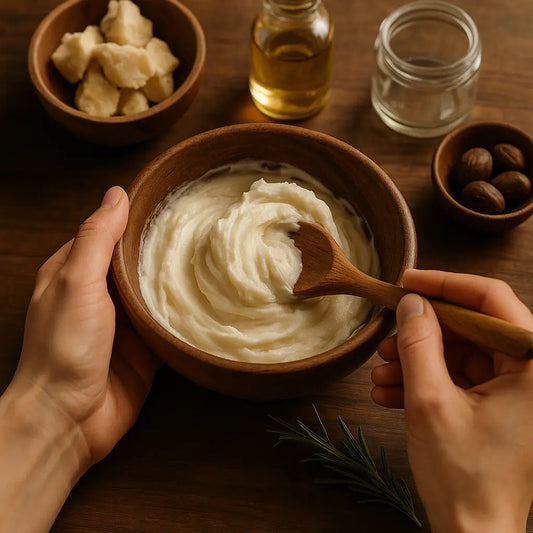 Hands preparing homemade whipped shea butter in a wooden bowl, surrounded by raw natural ingredients like shea chunks, oil, and nuts, representing intentional self-care and DIY skincare rituals.