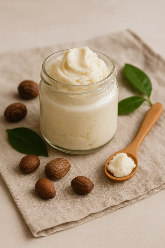 A glass jar filled with creamy raw shea butter sits on a beige cloth, surrounded by whole shea nuts, a wooden spoon with a scoop of butter, and green leaves.
