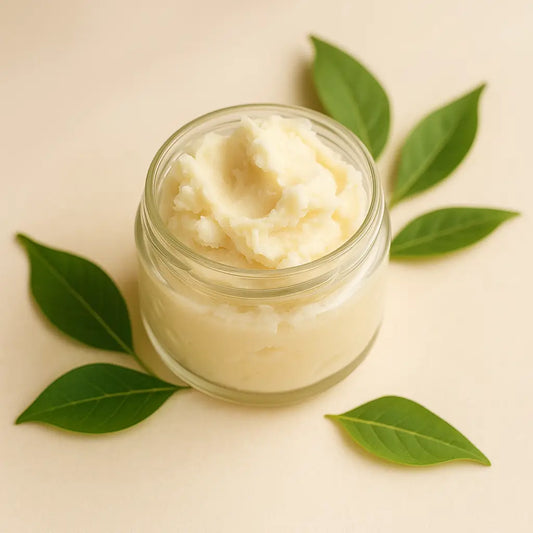 Glass jar filled with creamy shea butter, placed on a beige cloth with scattered shea nuts, a wooden spoon holding a small scoop of butter, and green leaves around the scene.