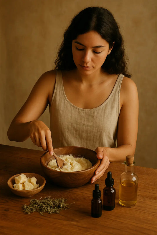 Woman mixing natural skincare ingredients in a wooden bowl on a rustic surface, symbolizing empowerment, intention, and radical self-care.