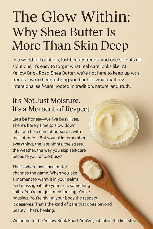 Jar and wooden spoon filled with raw shea butter on a neutral background, symbolizing natural skincare and self-care moments from Yellow Brick Road Shea Butter.