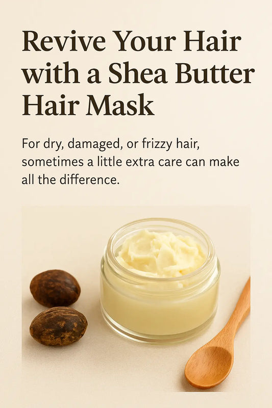 Glass jar of creamy shea butter with a wooden spoon and shea nuts on a neutral background, promoting its use as a natural hair mask for dry or frizzy hair.