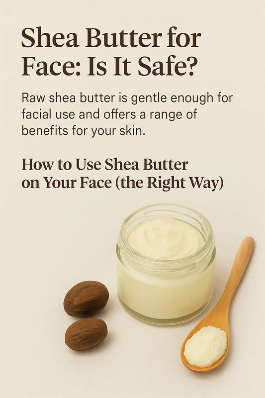 Glass jar of raw shea butter with wooden spoon and shea nuts on a neutral background, promoting the safe use of shea butter for facial skincare.