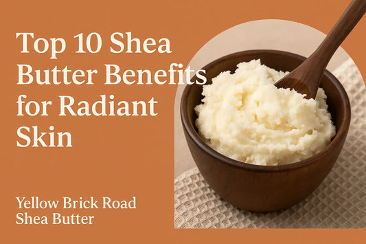 Wooden bowl filled with creamy raw shea butter and a wooden spoon, set against a warm, earthy background — promoting the top 10 skincare benefits of shea butter from Yellow Brick Road Shea Butter.