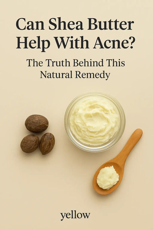 Jar of raw shea butter with acne care icons and text overlay highlighting shea butter’s potential benefits for acne-prone skin.