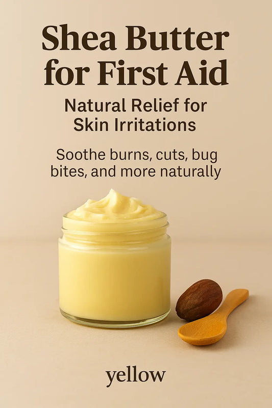 Glass jar of raw shea butter on wooden table with text overlay promoting its benefits for DIY skincare and natural hair care routines.