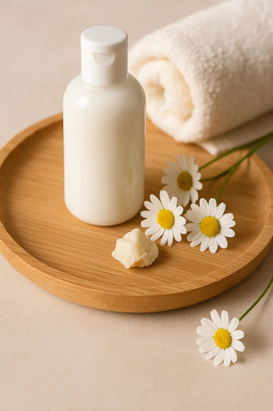 Silky white body milk lotion with chamomile flowers and shea butter on a wooden spa tray