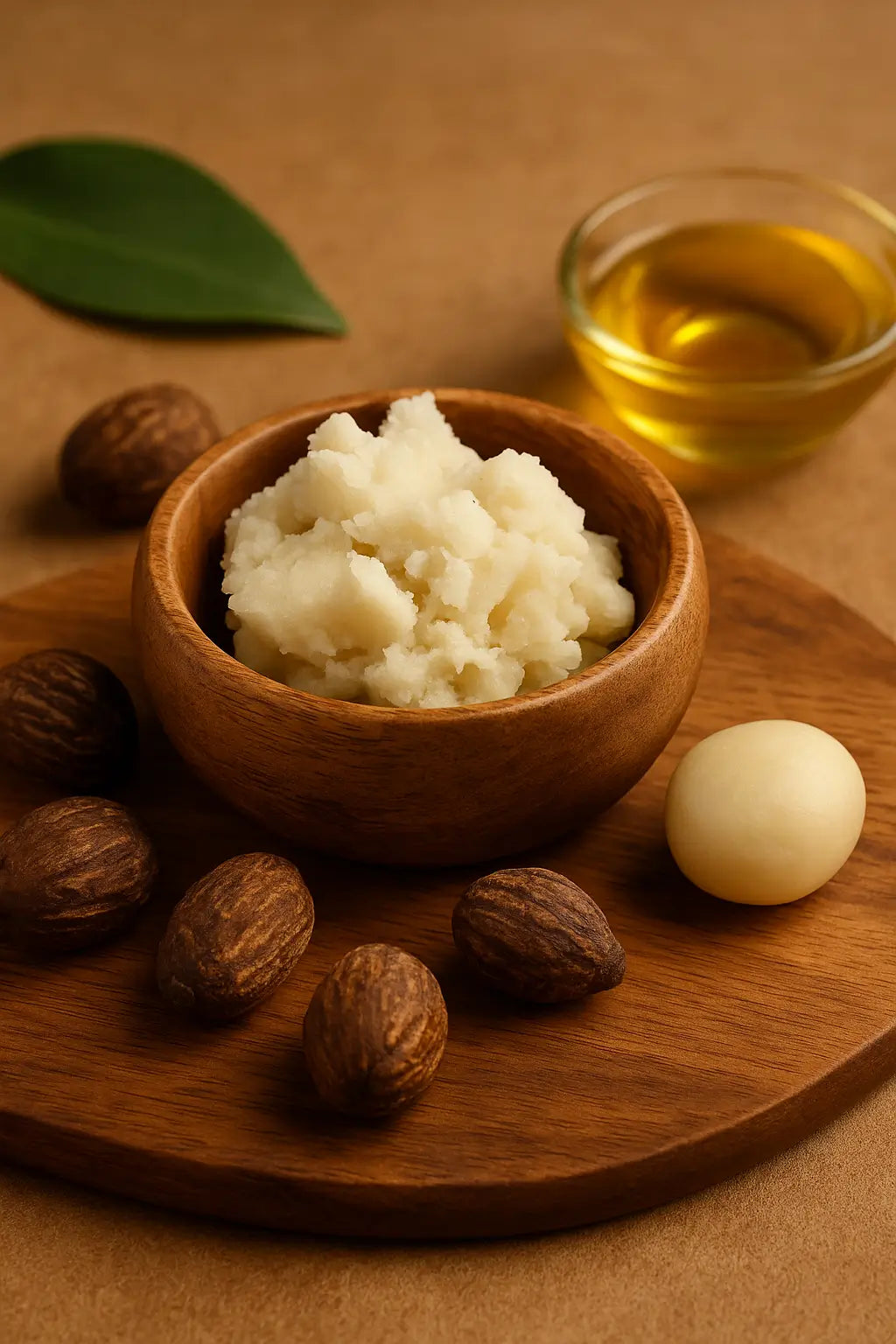 Raw shea butter in a wooden bowl with shea nuts and oil, ideal for lip care.