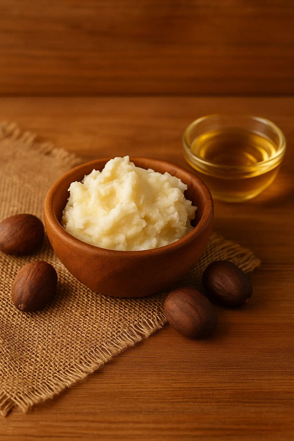 Raw shea butter in a wooden bowl, surrounded by shea nuts and golden shea oil on a rustic burlap cloth.