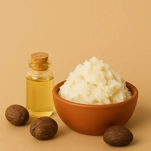 Shea butter in a bowl with oil and nuts.
