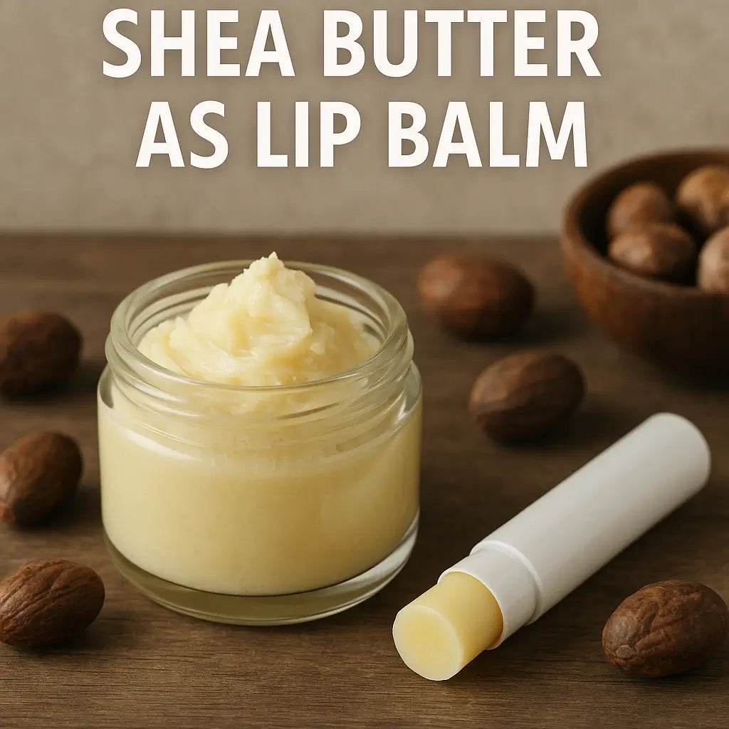 Shea butter lip balm in a glass jar with natural ingredients on a wooden background, ideal for moisturizing and softening dry lips.