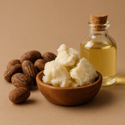 Close-up of a natural block of raw shea butter on a rustic wooden background.