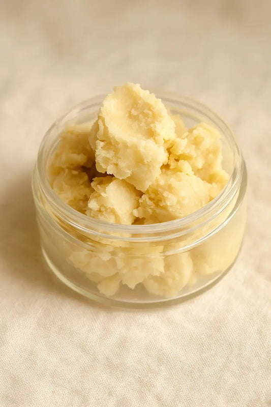 Whipped shea butter in a clear glass jar for DIY lip balm