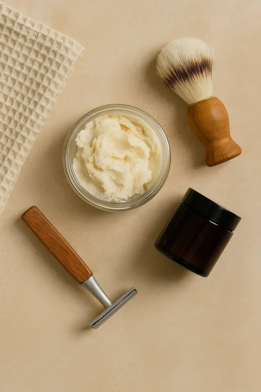 Shea butter skincare essentials for men with razor and shaving brush.