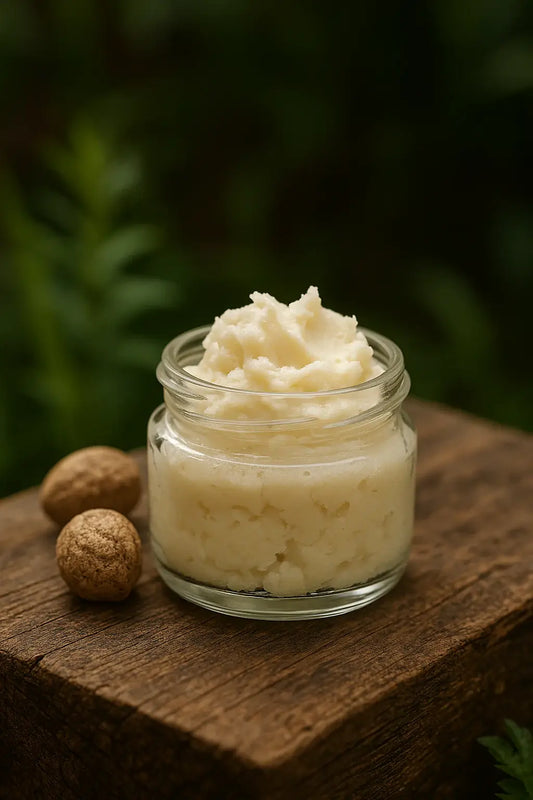 Whipped shea butter in a glass jar for acne-prone skin care
