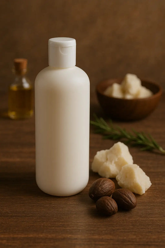 Shea butter lotion bottle with raw shea and nuts on a wooden table.