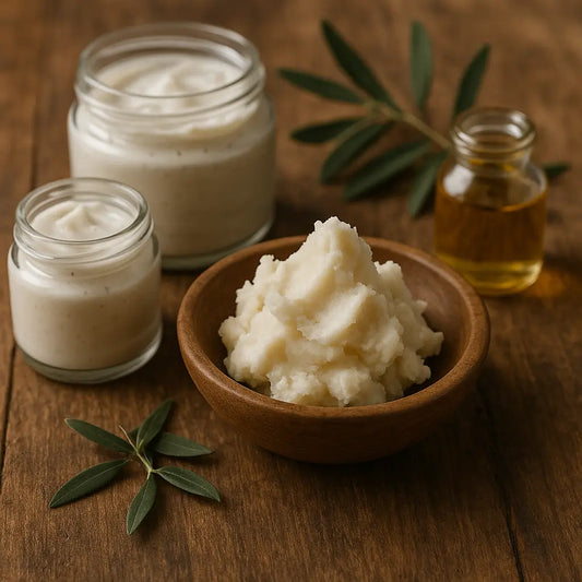 Shea butter and skincare jars on wooden surface.