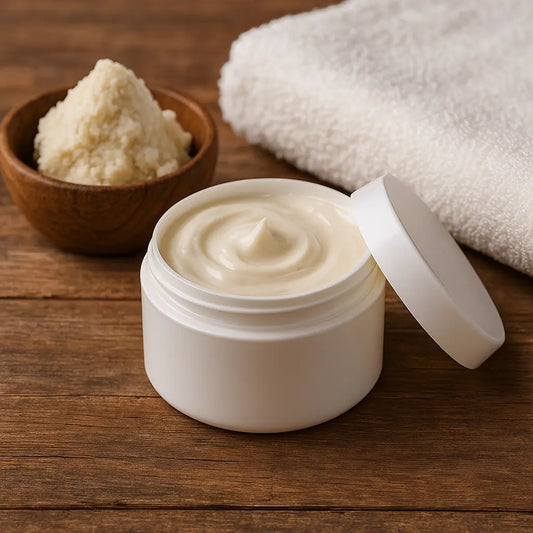 Open jar of shea butter cream with raw shea and towel on wooden surface.