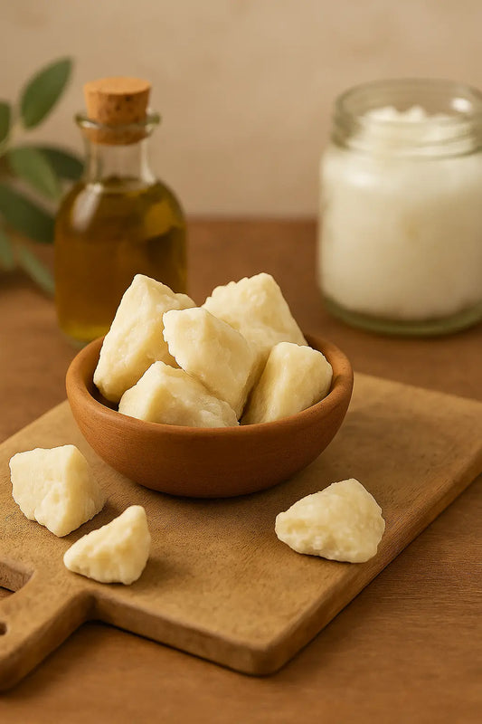 Unrefined shea butter chunks on a rustic wooden cutting board with a glass bottle of oil in the background.